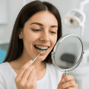 Chica revisando hacer los dientes antes de quitarse los brackets.