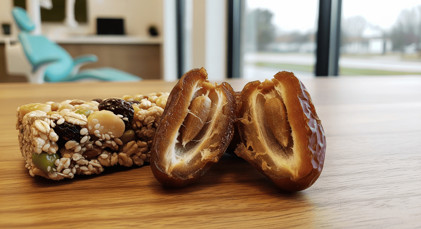 Frutos secos y barritas saludables que causan caries dentales.