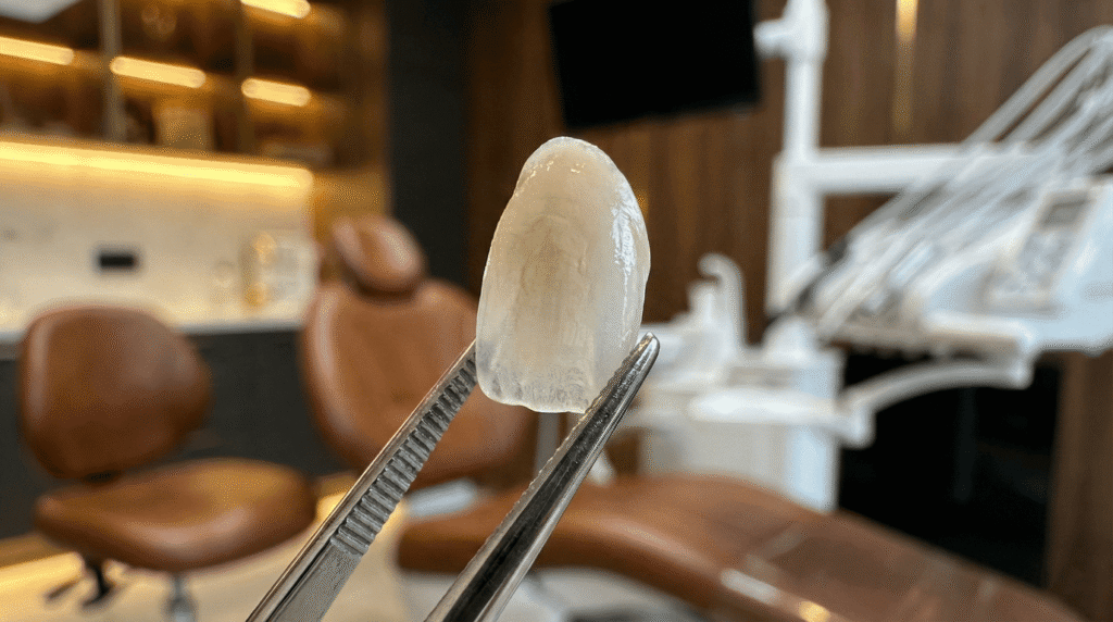 Detalle de carilla de porcelana de alta resistencia y estética natural en Guadalajara.