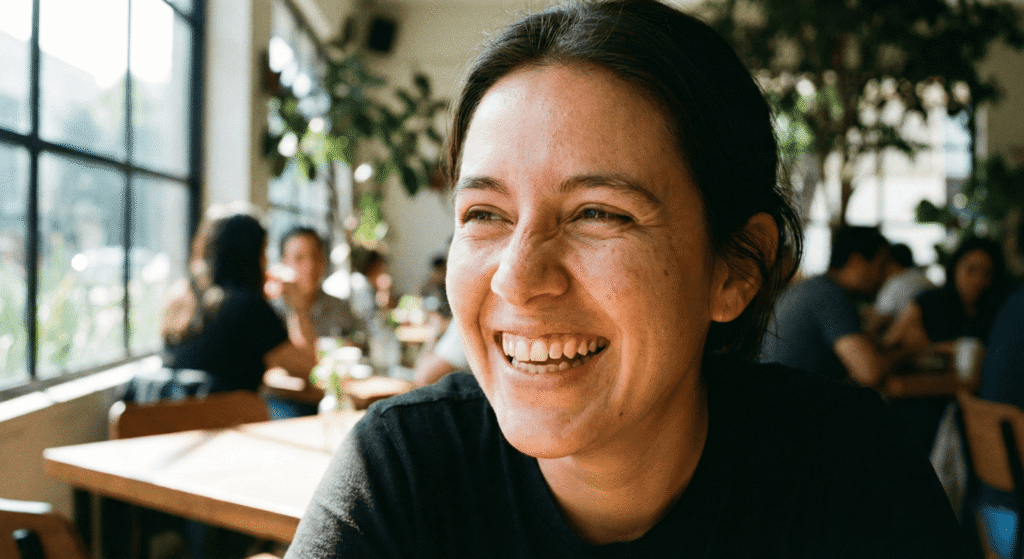 Primer plano de una mujer riendo, mostrando sus dientes, en una cafetería con luz natural.