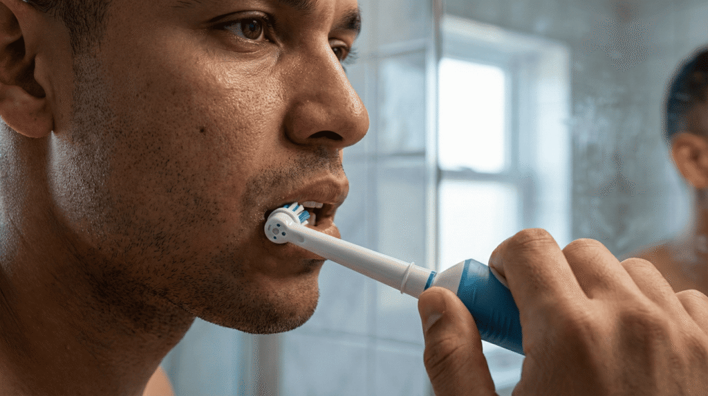 Persona usando cepillo eléctrico con cuidado para no dañar las encías.