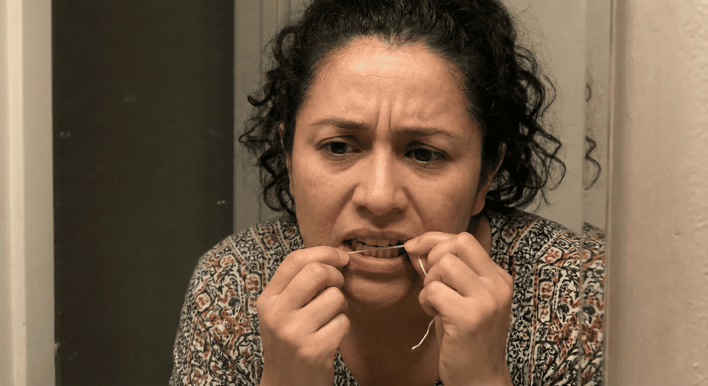 Primer plano de una mujer mexicana con el ceño fruncido y una expresión de preocupación mientras usa hilo dental en sus dientes frontales en un baño.