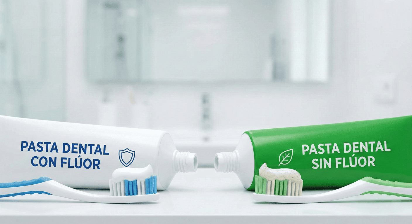 Fotografía de dos tubos de pasta de dientes y dos cepillos de dientes en un baño. El tubo blanco dice "PASTA DENTAL CON FLÚOR" y el tubo verde dice "PASTA DENTAL SIN FLÚOR".