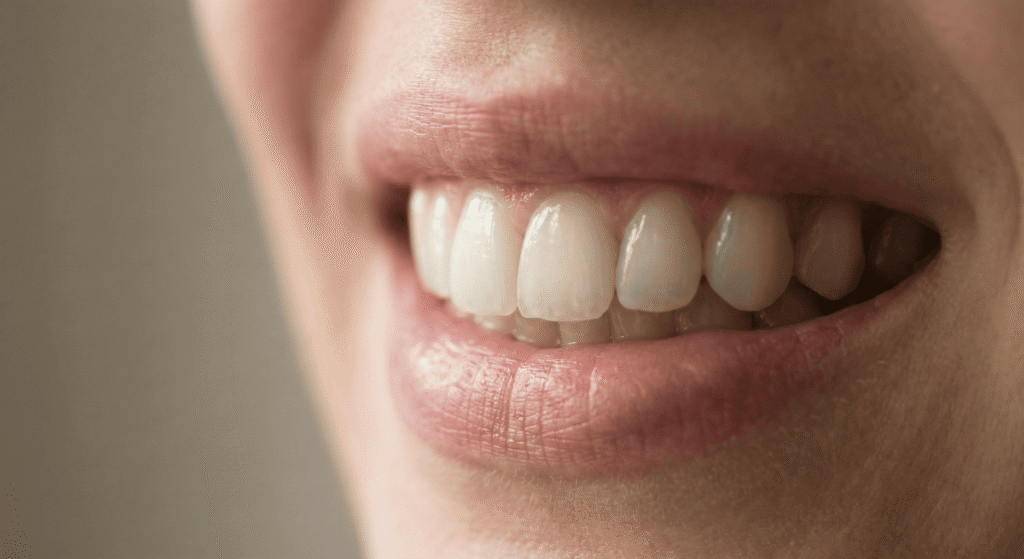 Macro fotografía de una sonrisa natural, mostrando la textura de los labios y el esmalte de los dientes bajo luz suave.