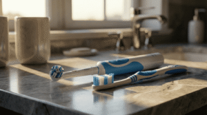 Comparativa de cepillo eléctrico y manual en un baño moderno de Zapopan.