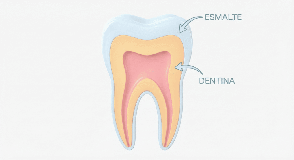 Diagrama de una sección transversal de un diente humano, etiquetando la capa externa como "ESMALTE" y la capa interna como "DENTINA".