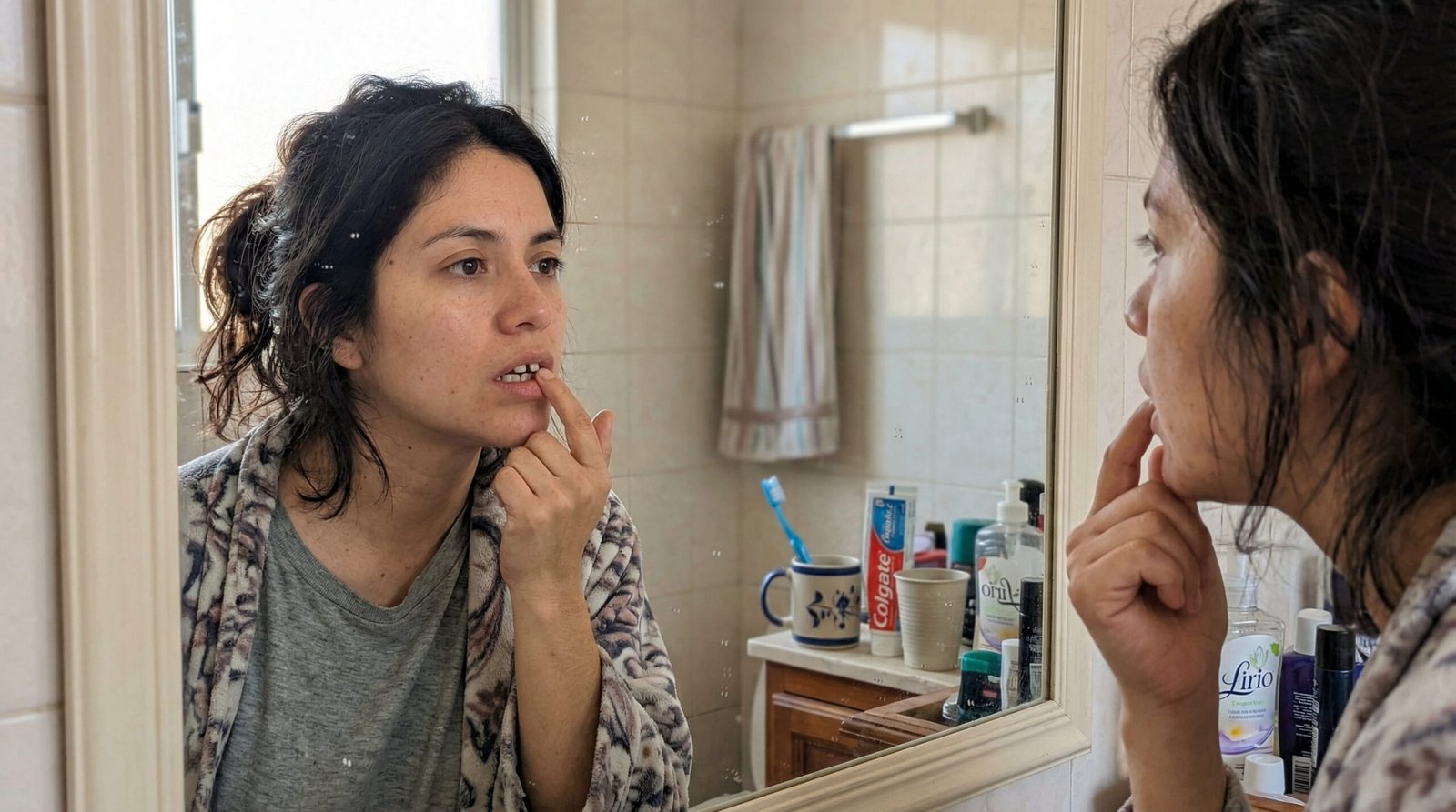 Foto casual de una mujer de unos 28 años en su baño. Se mira al espejo levantando el labio para ver el espacio entre sus dientes. Piel real, cabello despeinado de mañana, sin maquillaje. Luz de sol natural. Fondo con cepillo de dientes y vaso. Emoción real de preocupación. Estilo "foto de celular".