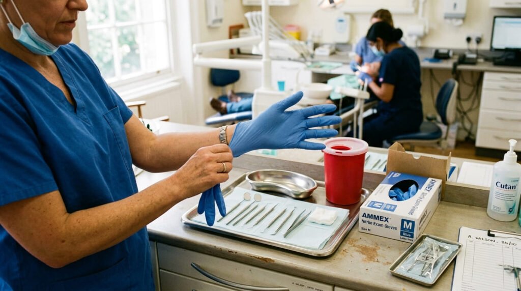 Primer plano de especialista dental colocándose guantes de nitrilo azules sobre una bandeja con instrumental estéril.