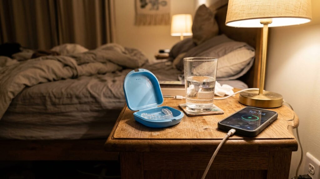 Retenedor dental transparente dentro de su estuche sobre una mesa de noche junto a un vaso de agua y un celular cargando.