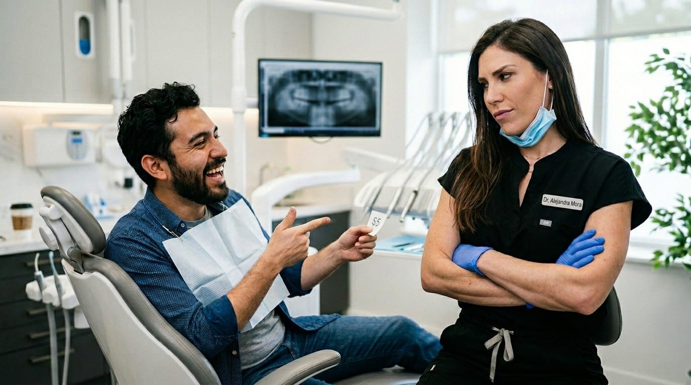 Paciente intentando regatear el precio de un tratamiento dental mientras el dentista lo mira con escepticismo en clínica de Zapopan.