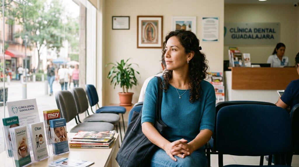 Mujer joven sentada en la sala de espera de una clínica dental en Guadalajara, esperando su cita para corregir separación de dientes.