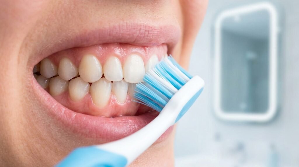 Primer plano de una persona cepillándose los dientes y la línea de la encía con un cepillo manual azul y blanco.