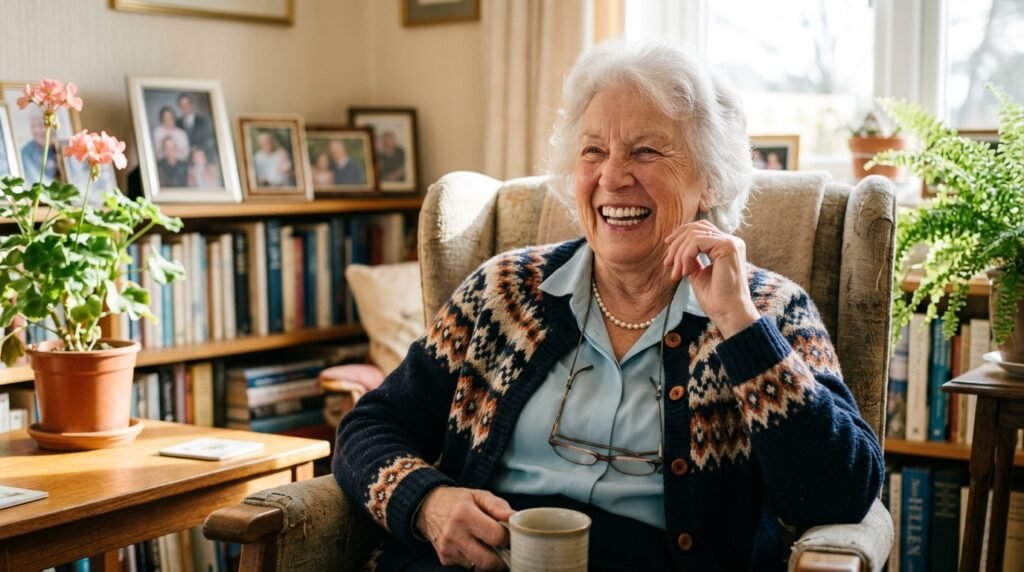 Anciana feliz riendo en su sala de estar, mostrando salud y calidad de vida tras 10 años con implantes dentales exitosos.