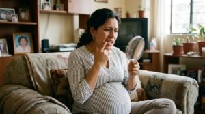Mujer embarazada sentada en un sofá, mirándose las encías doloridas en un espejo de mano. Ilustra la preocupación dental común durante el embarazo vinculada al mito del calcio.