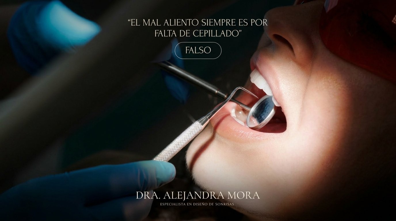 Dentista examinando a un paciente con instrumental. Incluye el texto: "El mal aliento siempre es por falta de cepillado - Falso", de la Dra. Alejandra Mora.