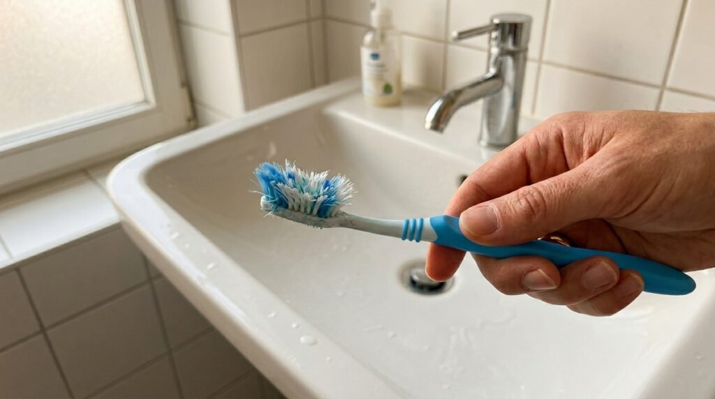 Mano sosteniendo un cepillo de dientes con las cerdas extremadamente abiertas y desgastadas, ilustrando la presión excesiva que causa abrasión dental.