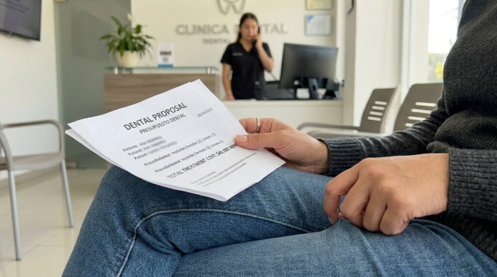 Paciente en clínica dental revisando un plan de tratamiento y presupuesto para blanqueamiento dental profesional.
