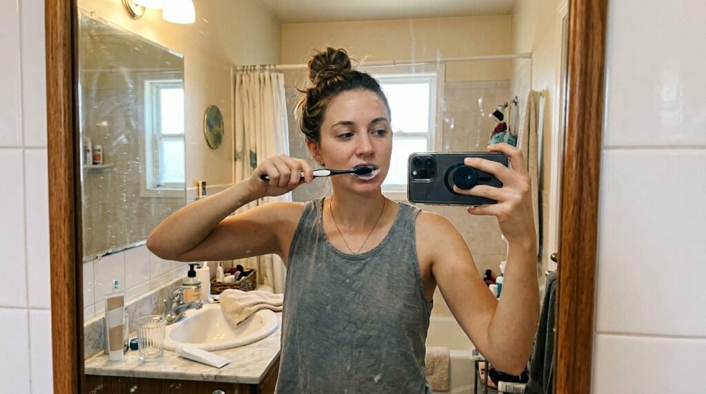 Mujer frente al espejo realizando una técnica de cepillado dental suave para prevenir el desgaste del esmalte y la retracción de encías