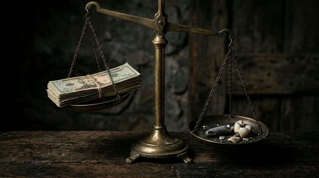 Balanza antigua con billetes de dólar en un platillo y un implante dental roto en el otro, simbolizando que el ahorro del turismo dental puede resultar caro si surgen complicaciones.