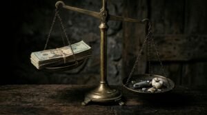 Balanza antigua con billetes de dólar en un platillo y un implante dental roto en el otro, simbolizando que el ahorro del turismo dental puede resultar caro si surgen complicaciones.