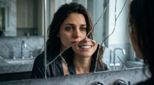 Mujer con sonrisa perfecta mirándose en un espejo roto con expresión de insatisfacción, representando la dismorfia dental y el síndrome de la sonrisa insatisfecha.