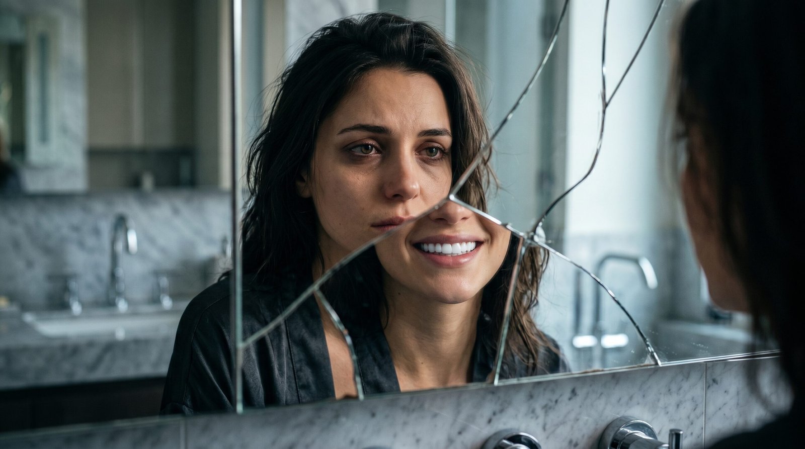 Mujer con sonrisa perfecta mirándose en un espejo roto con expresión de insatisfacción, representando la dismorfia dental y el síndrome de la sonrisa insatisfecha.