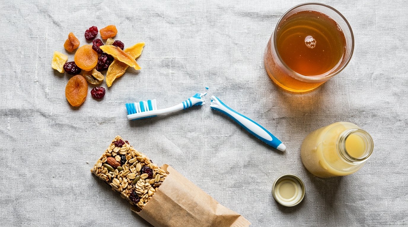 Composición cenital con snacks saludables como granola, kombucha, jengibre y fruta deshidratada rodeando un cepillo de dientes roto, simbolizando el peligro oculto para el esmalte dental.