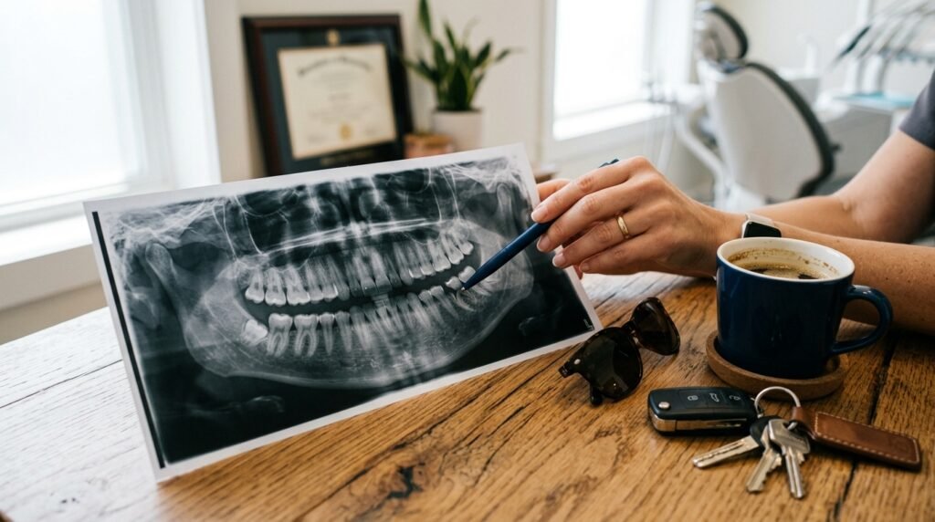 Radiografía dental panorámica sobre una mesa de consulta, señalada con un bolígrafo, junto a objetos personales, humanizando el diagnóstico de reabsorción radicular.