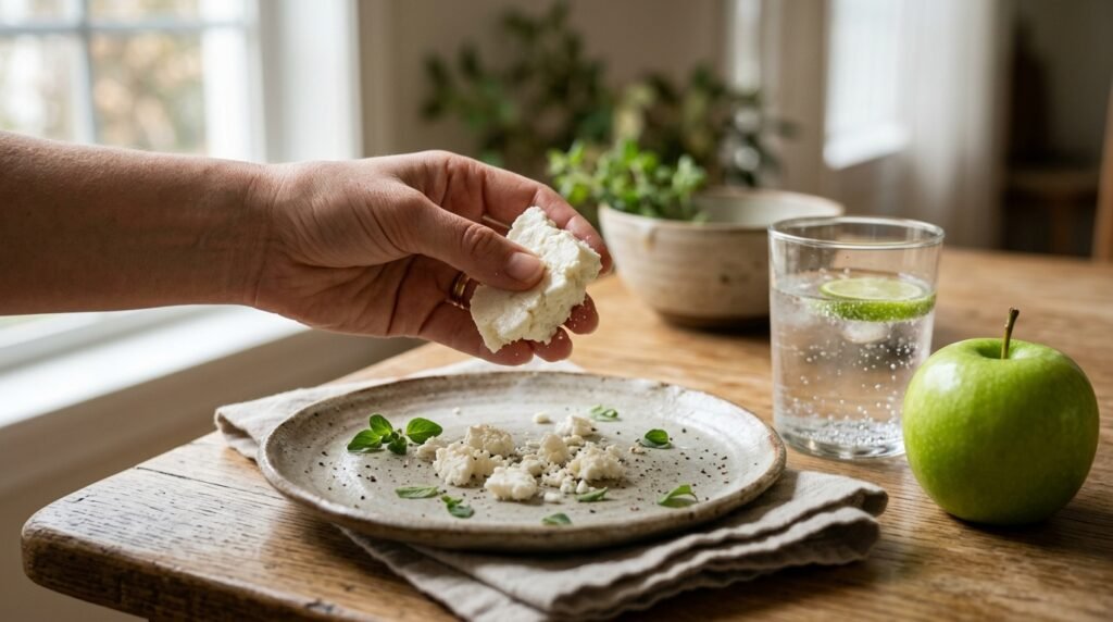 Mano desmenuzando queso panela fresco sobre un plato rústico, junto a un vaso de agua y una manzana verde. Representa los snacks protectores del esmalte dental.