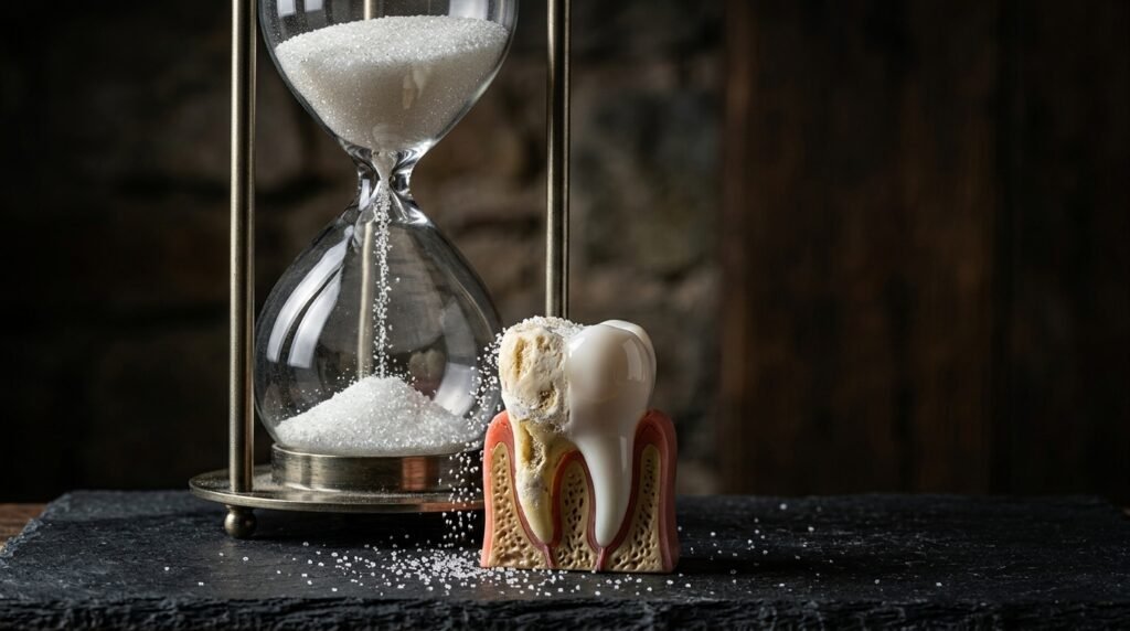 	Reloj de arena con granos de azúcar cayendo sobre un diente. La mitad del diente está brillante y sana, la otra opaca y erosionada, representando la ventana de desmineralización dental.
