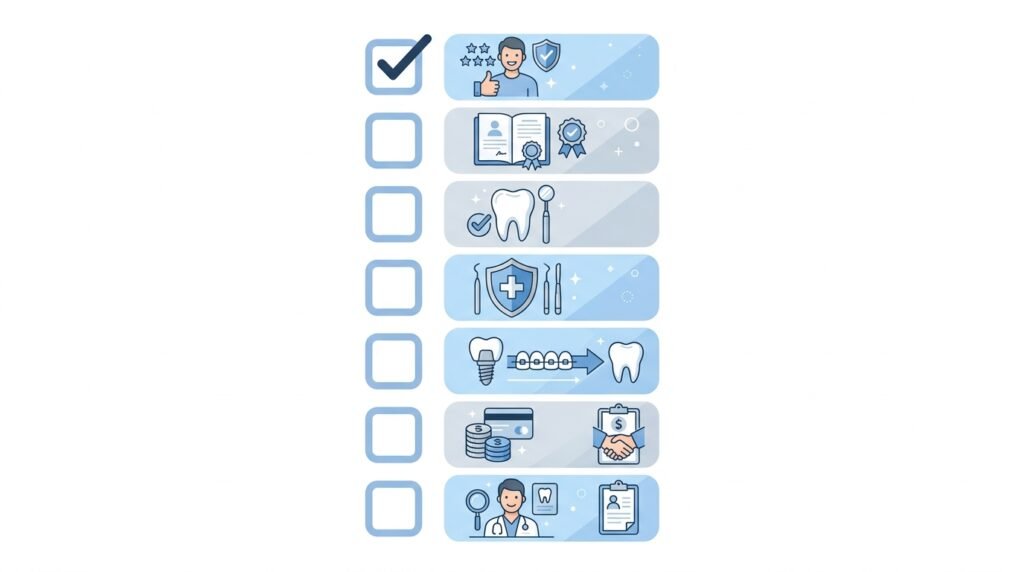 Infografía con 7 casillas de verificación e iconos, representando las preguntas clave que un paciente debe hacer antes de contratar un servicio de turismo dental.