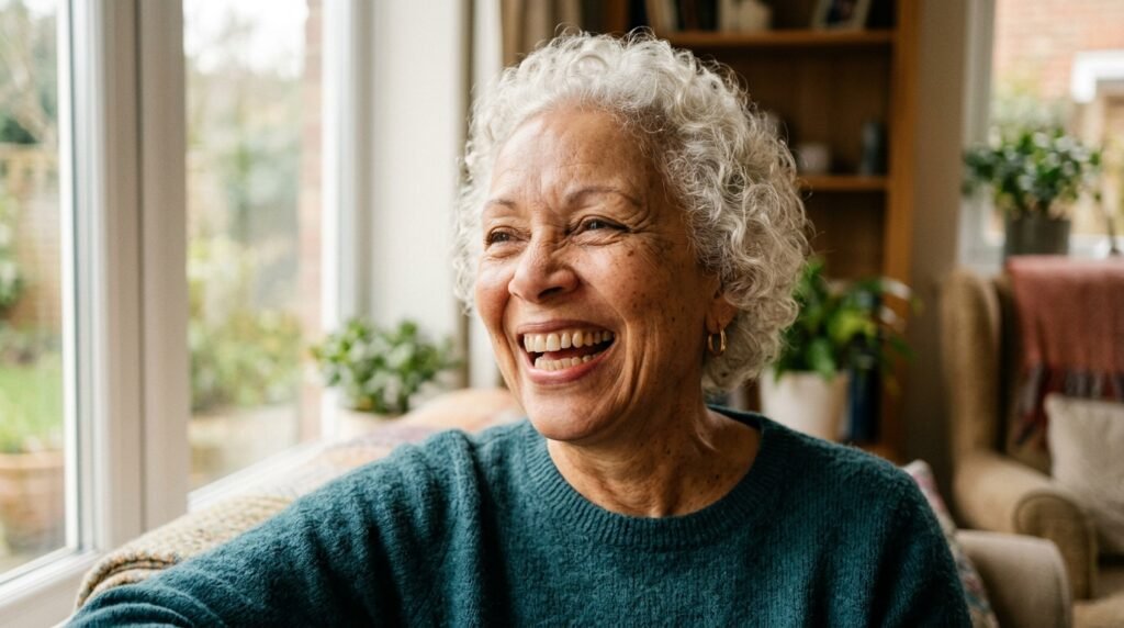Persona mayor riendo con naturalidad, mostrando una sonrisa cálida y saludable con translucidez natural, en armonía con sus arrugas y expresión genuina.