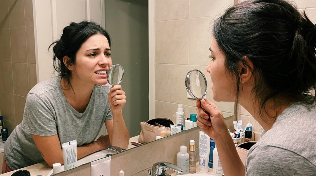Mujer joven inspeccionando obsesivamente sus dientes perfectos con una lupa frente al espejo, representando la dismorfia dental y la adicción a los retoques estéticos.