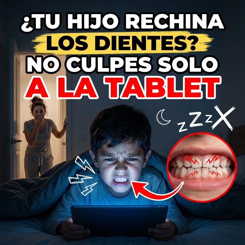 Niño apretando los dientes frente a una tablet de noche mientras su mamá lo observa preocupada