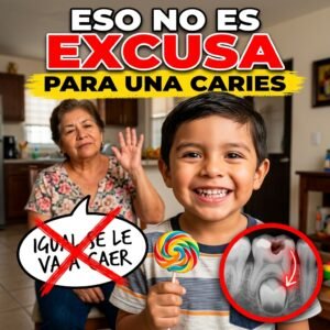 Niño sonriendo con una caries en una muela de leche y una abuela diciendo "igual se le va a caer"