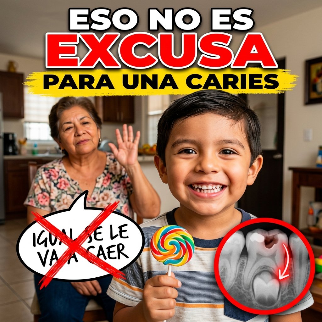 Niño sonriendo con una caries en una muela de leche y una abuela diciendo "igual se le va a caer"