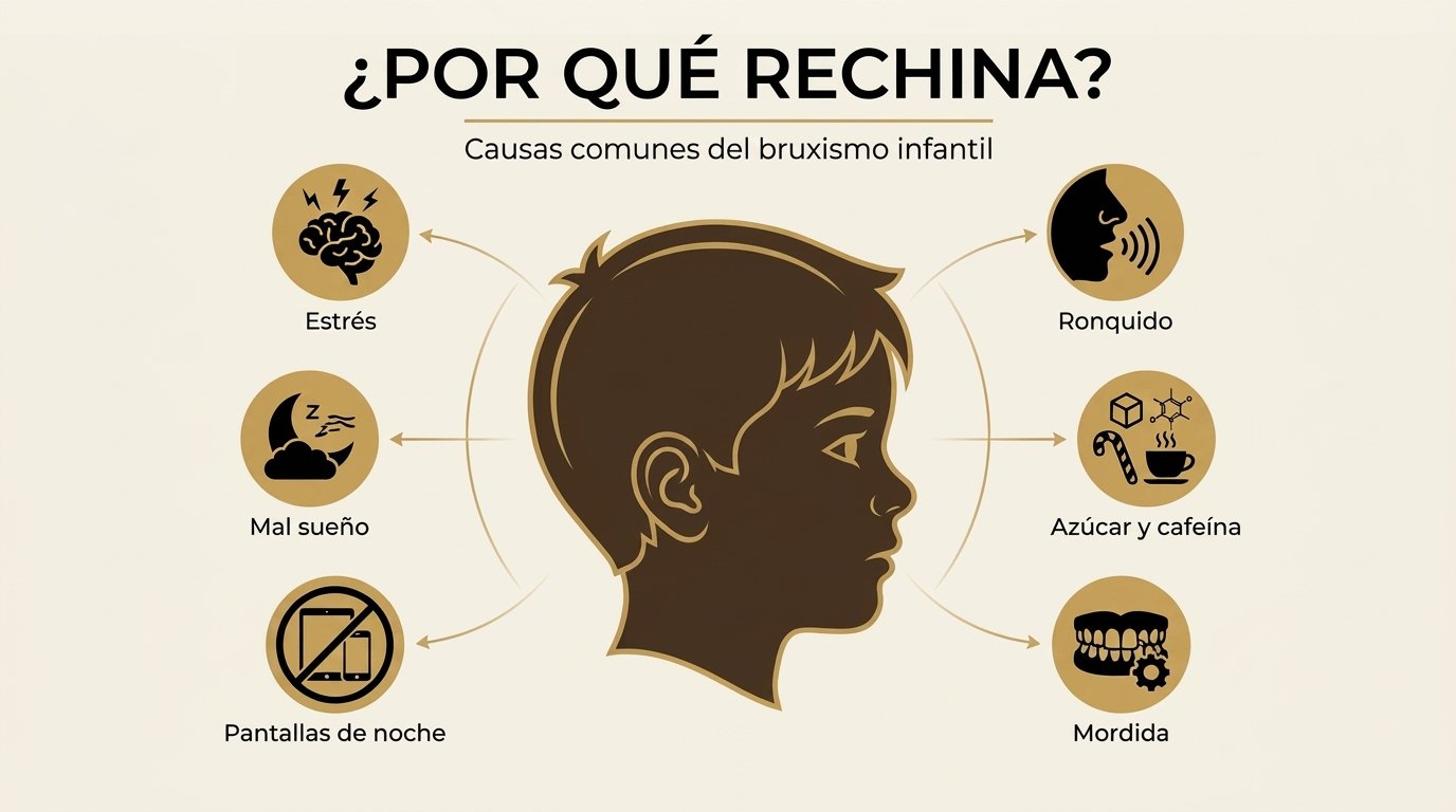 Infografía con seis factores del rechinido infantil: estrés, mal sueño, pantallas, ronquido, azúcar y mordida