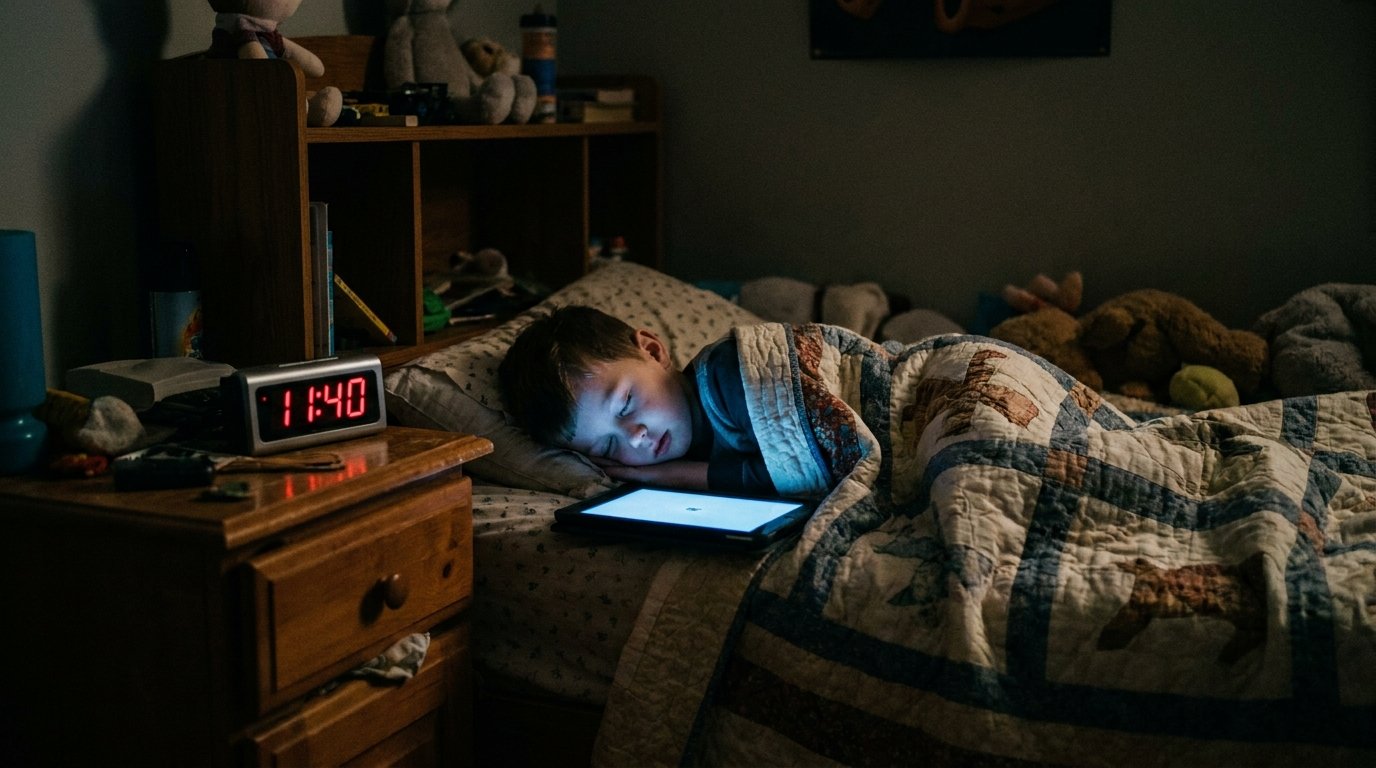 Niño dormido junto a una tablet encendida en una habitación oscura