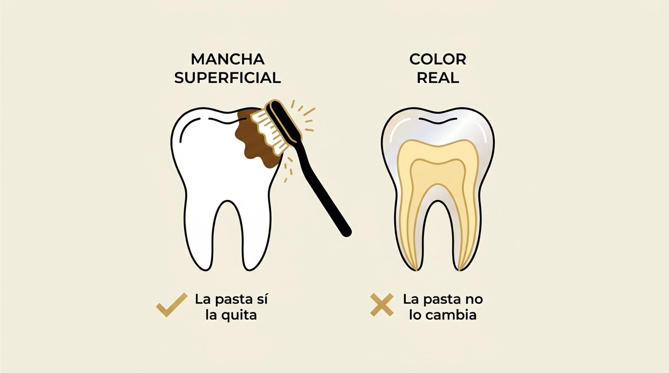 Ilustración de un diente con mancha externa que la pasta quita y dentina amarilla que no cambia